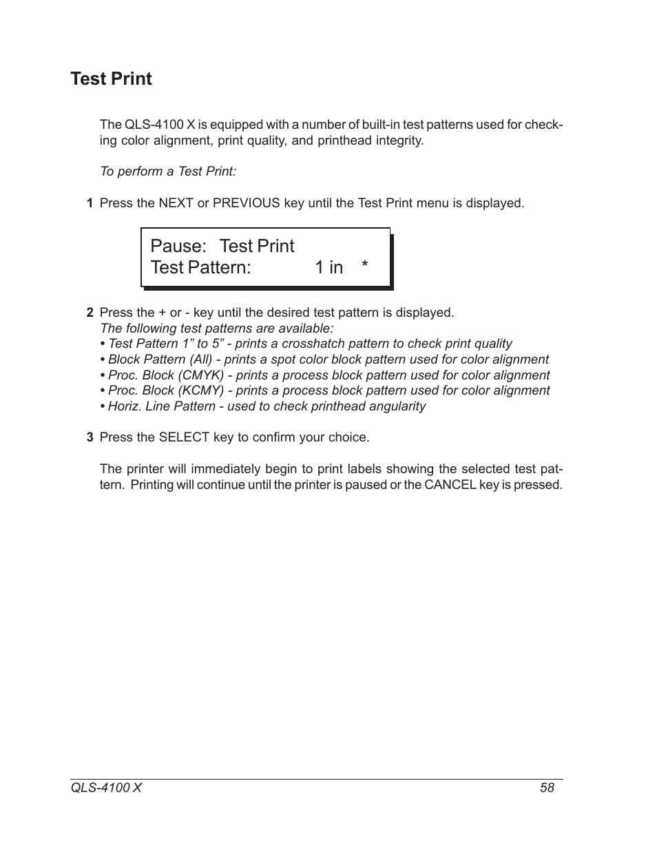 Test print, Pause: test print test pattern: 1 in | Astro Pneumatic 22834-464 User Manual | Page 58 / 118