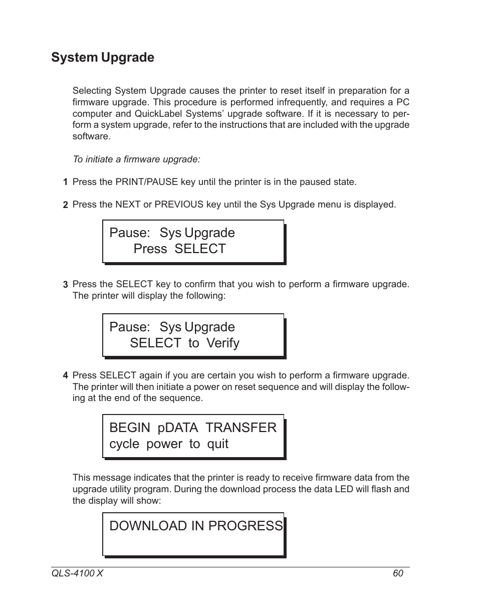 System upgrade, Pause: sys upgrade press select | Astro Pneumatic 22834-464 User Manual | Page 60 / 118