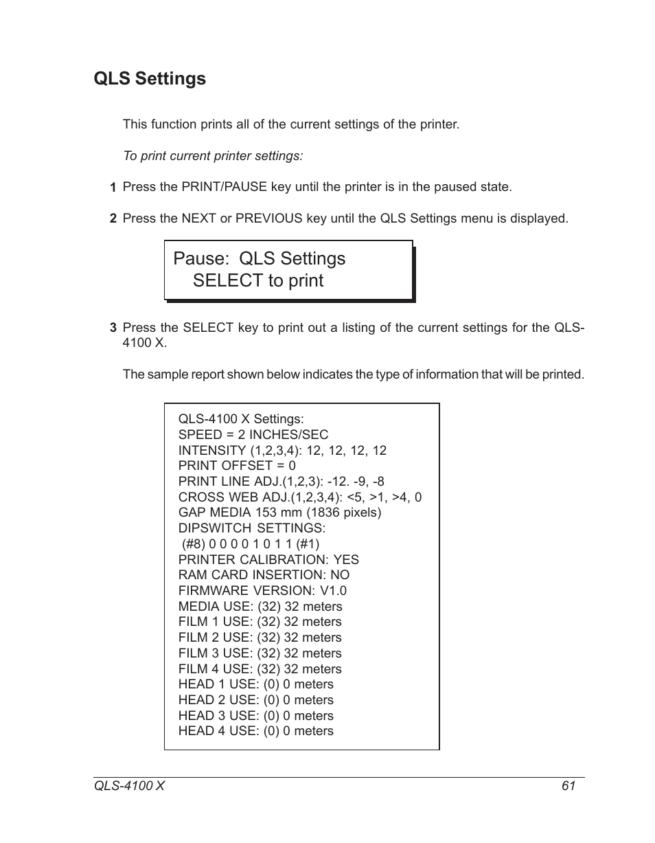 Qls settings, Pause: qls settings select to print | Astro Pneumatic 22834-464 User Manual | Page 61 / 118