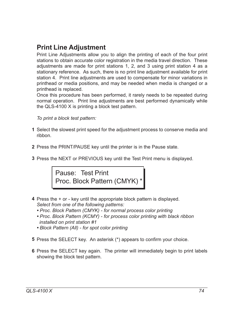 Print line adjustment, Pause: test print proc. block pattern (cmyk) | Astro Pneumatic 22834-464 User Manual | Page 74 / 118