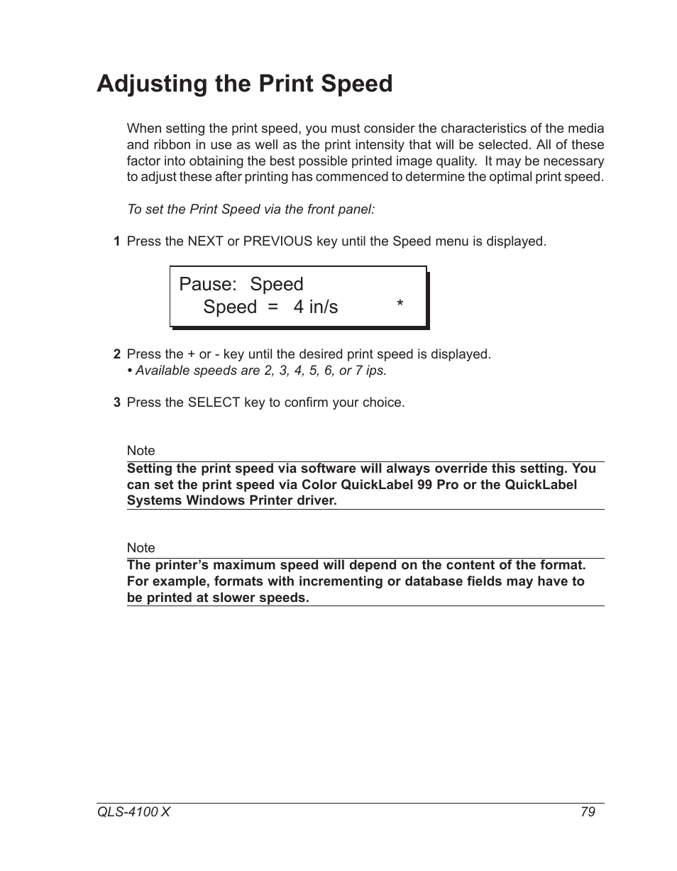 Adjusting the print speed, Pause: speed speed = 4 in/s | Astro Pneumatic 22834-464 User Manual | Page 79 / 118