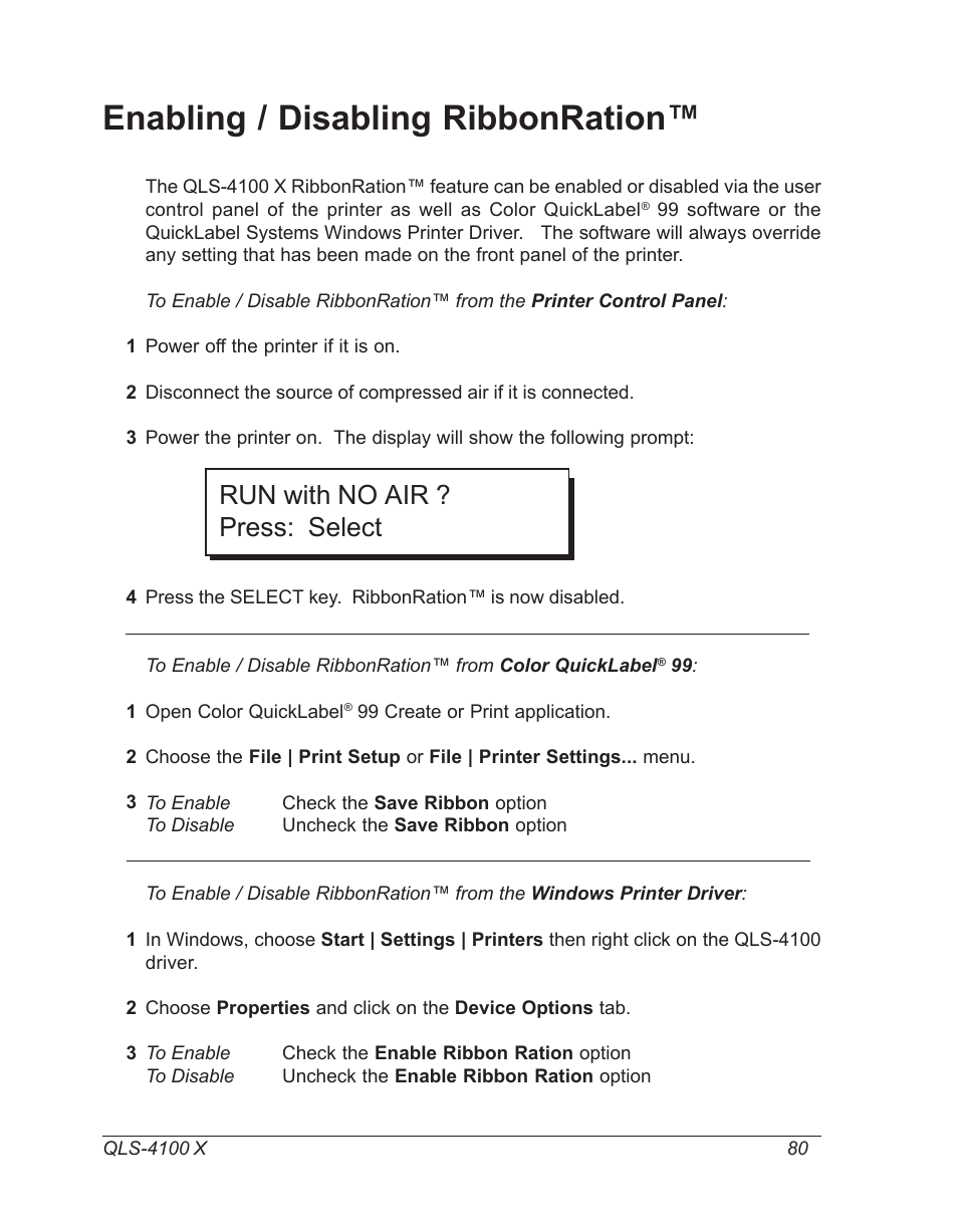 Enabling / disabling ribbonration, Run with no air ? press: select | Astro Pneumatic 22834-464 User Manual | Page 80 / 118
