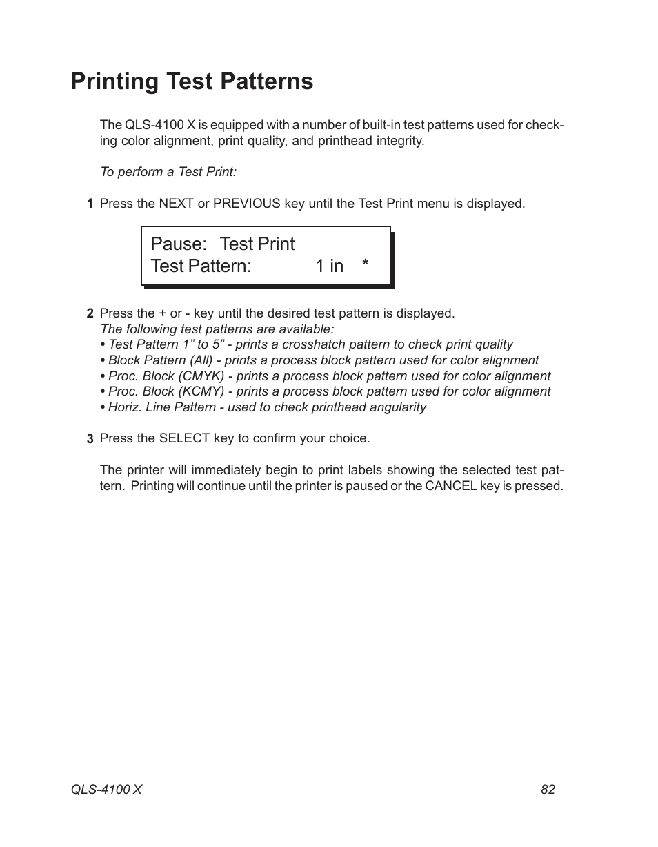 Printing test patterns, Pause: test print test pattern: 1 in | Astro Pneumatic 22834-464 User Manual | Page 82 / 118