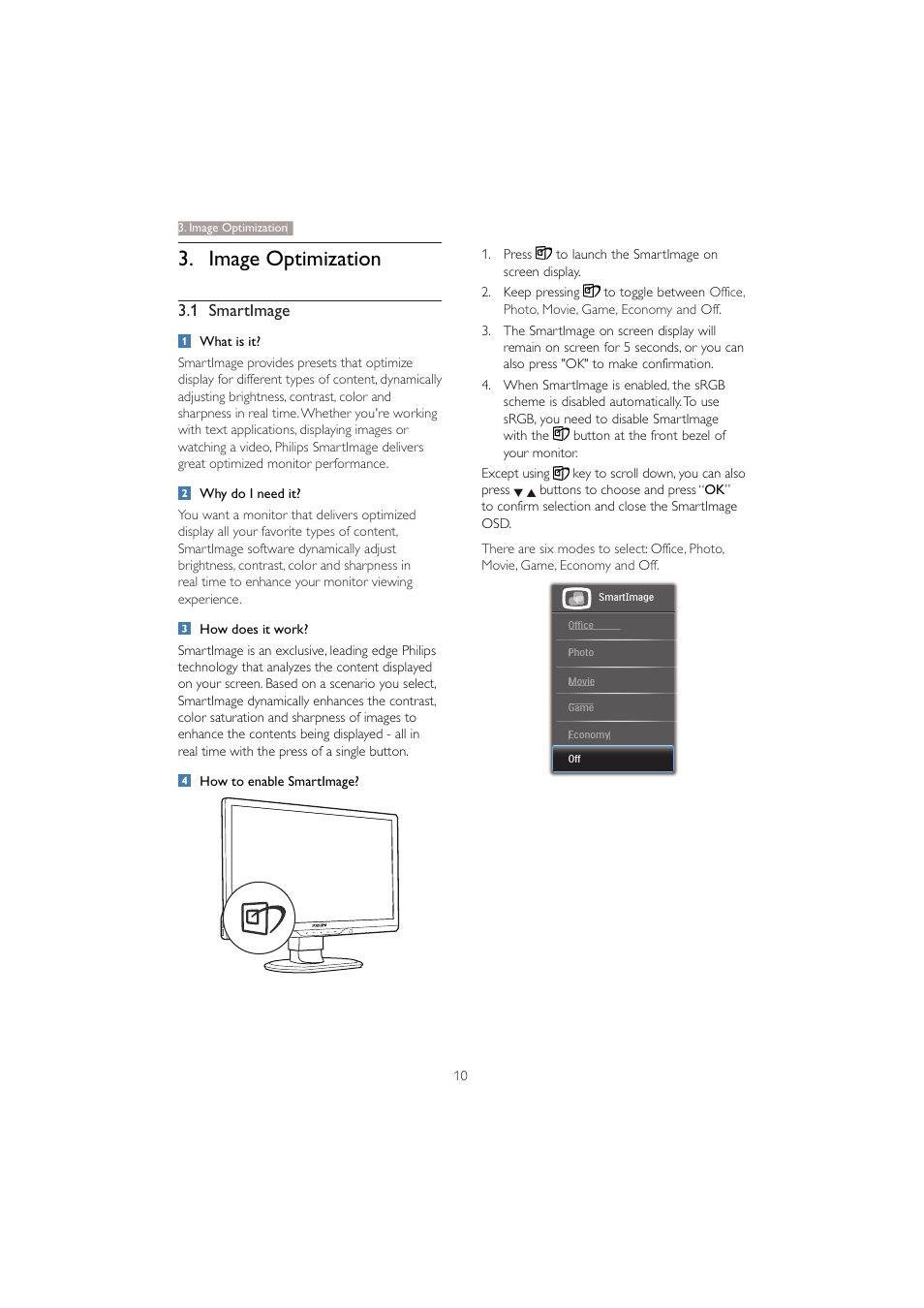 Image optimization, 1 smartimage | Philips 221B3PCB-00 User Manual | Page 12 / 57