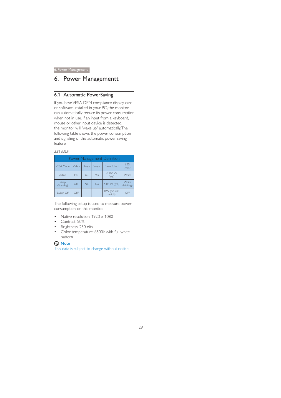 Power managementt, 1 automatic powersaving | Philips 221B3PCB-00 User Manual | Page 31 / 57