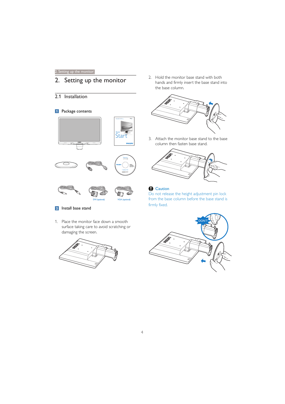 Setting up the monitor, Start | Philips 221B3PCB-00 User Manual | Page 6 / 57