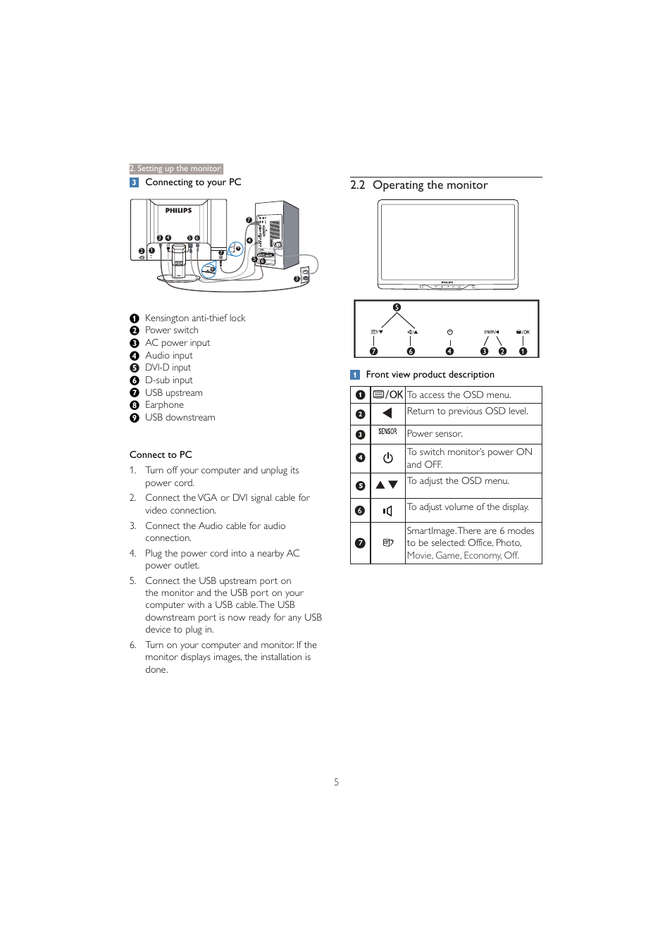 2 operating the monitor | Philips 221B3PCB-00 User Manual | Page 7 / 57