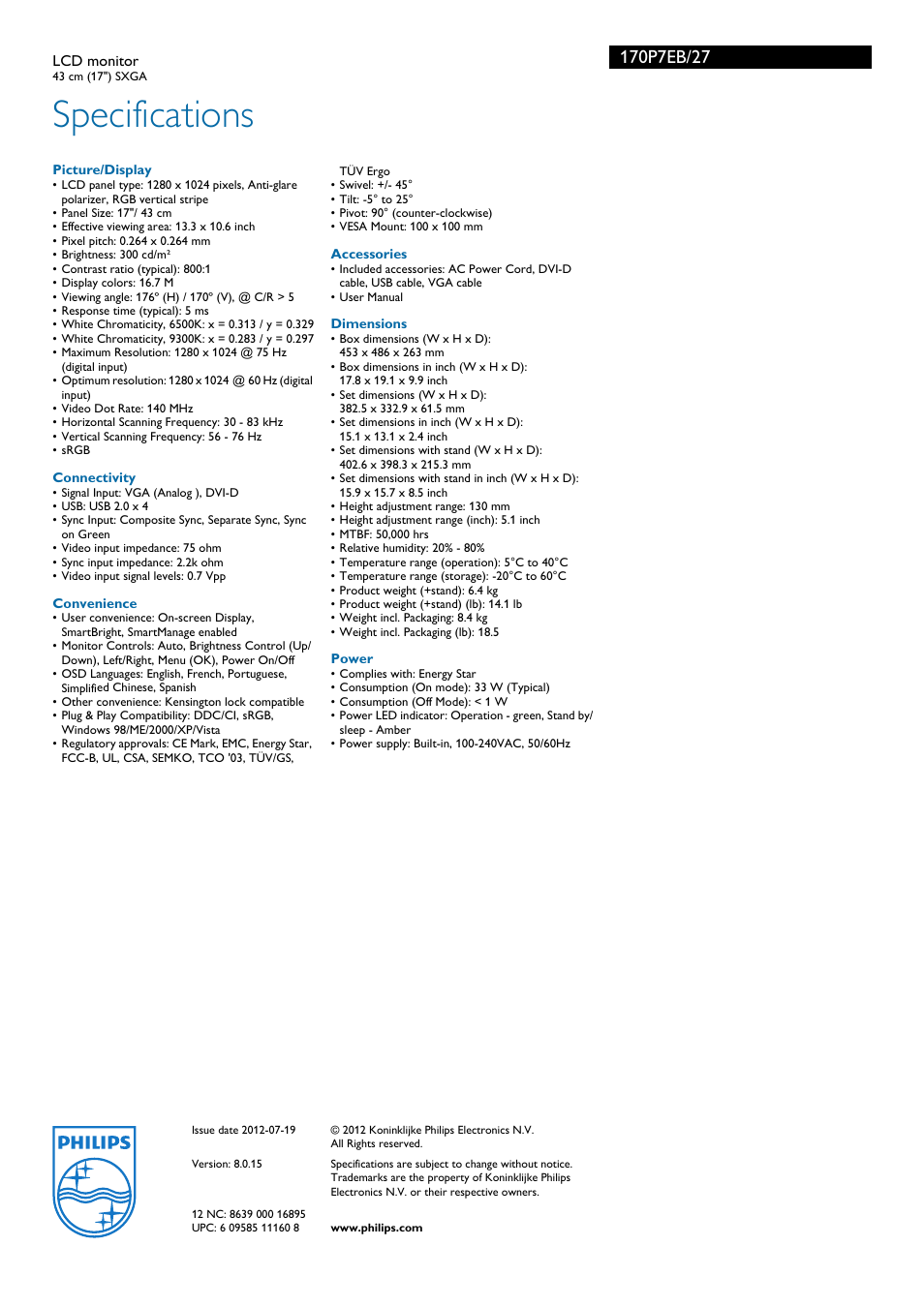 Specifications | Philips 170P7EB-27 User Manual | Page 3 / 3