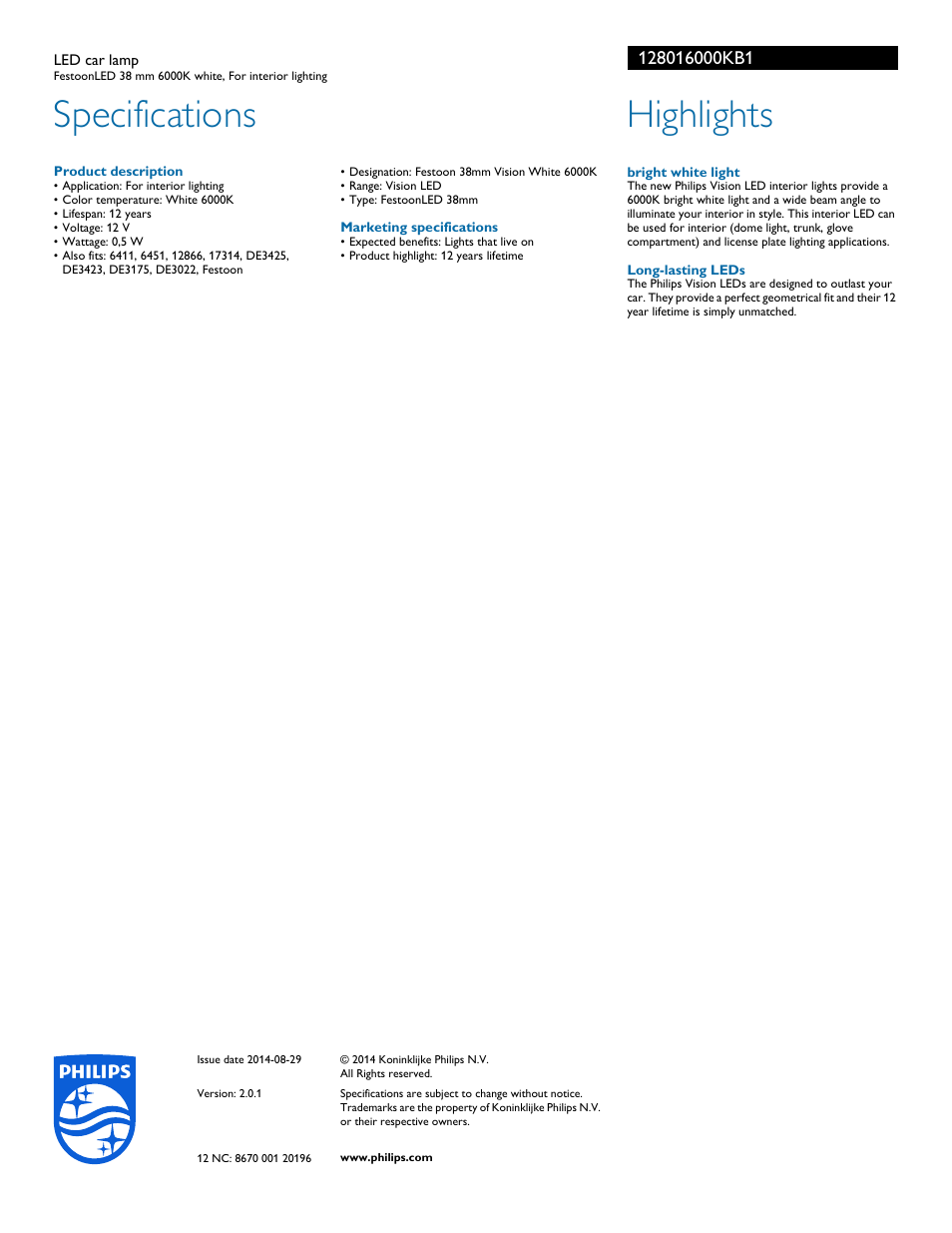 Product description, Marketing specifications, Bright white light | Long-lasting leds, Specifications, Hì2hlì2hts | Philips 128016000KB1 User Manual | Page 2 / 2