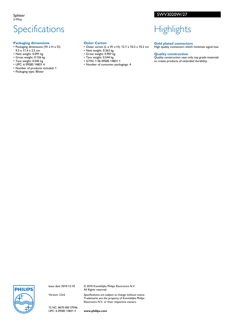 Splitter, Outer carton, Gold plated connectors | Quality construction, Specifications, Highlights, Philips | Philips SWV3020W-27 User Manual | Page 2 / 2