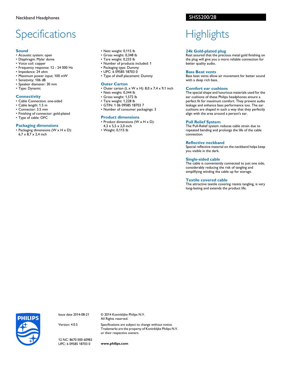 Specifications, Highlights | Philips SHS5200-28 User Manual | Page 2 / 2