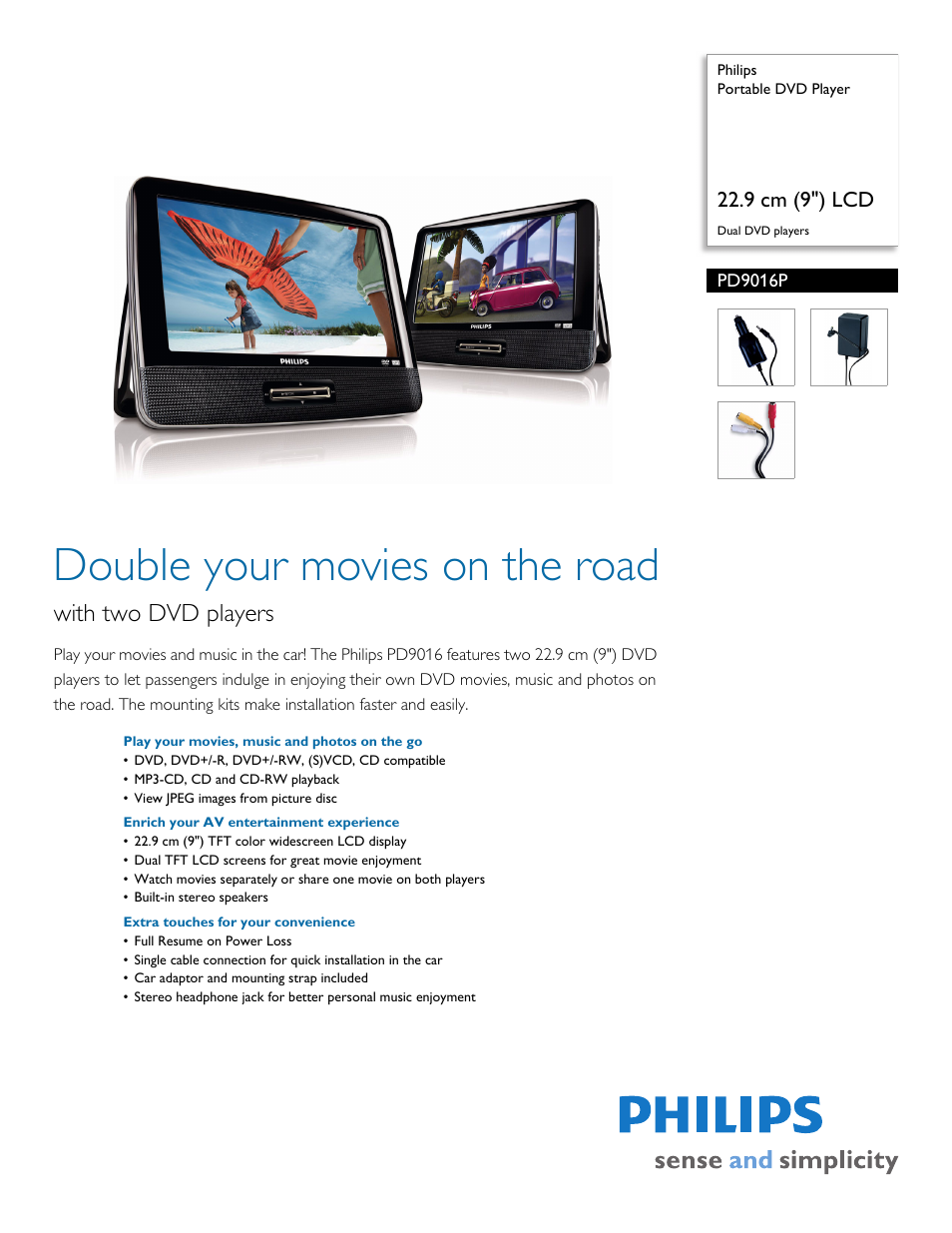 Philips Portable DVD Player PD9016P 22.9 cm 9" LCD Dual DVD players User Manual | 2 pages