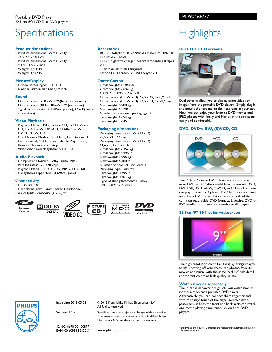 Specifications, Highlights | Philips Portable DVD Player PD9016P 22.9 cm 9" LCD Dual DVD players User Manual | Page 2 / 2