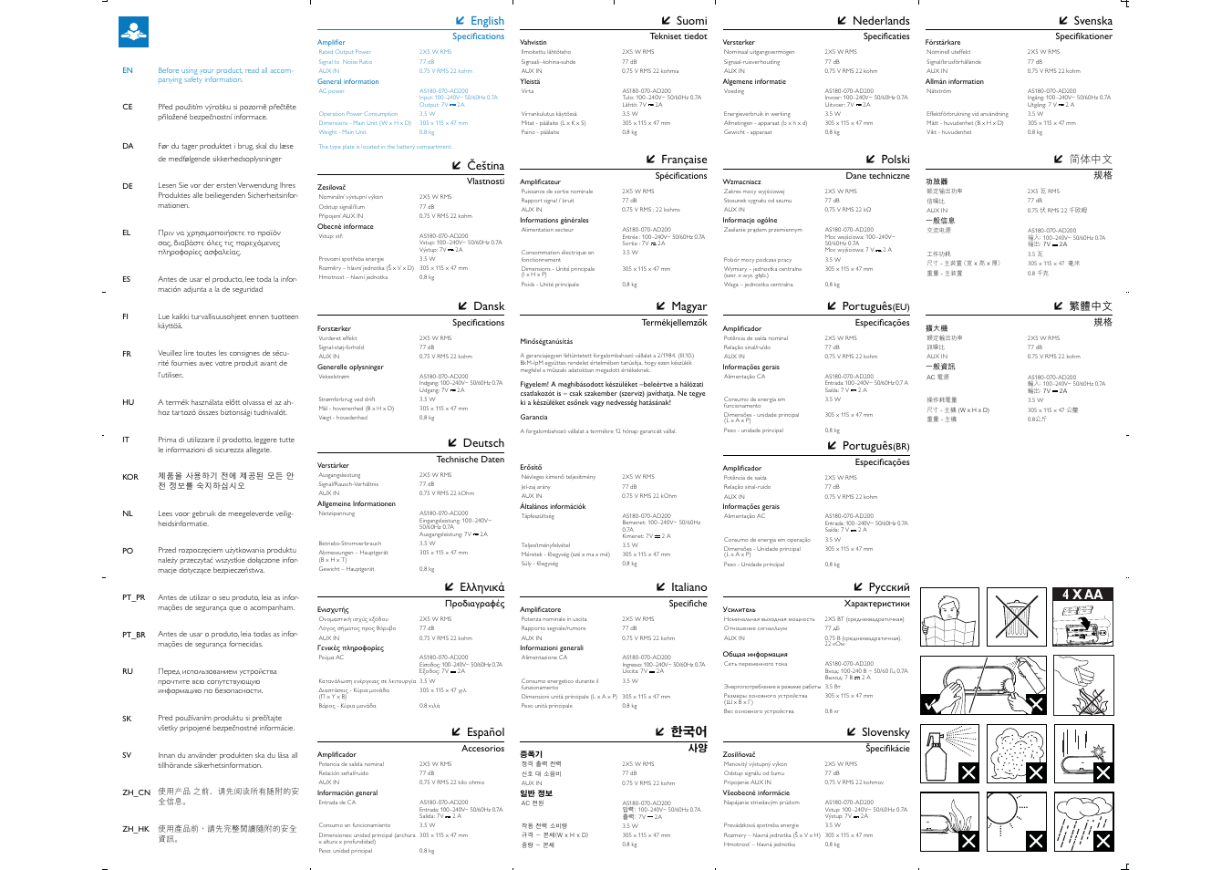 Aa aa + + aa aa, 4 x aa, Čeština | Deutsch, English, Ελληνικά, Slovensky, Русский, Español, Italiano | Philips DS7600-37 User Manual | Page 2 / 4