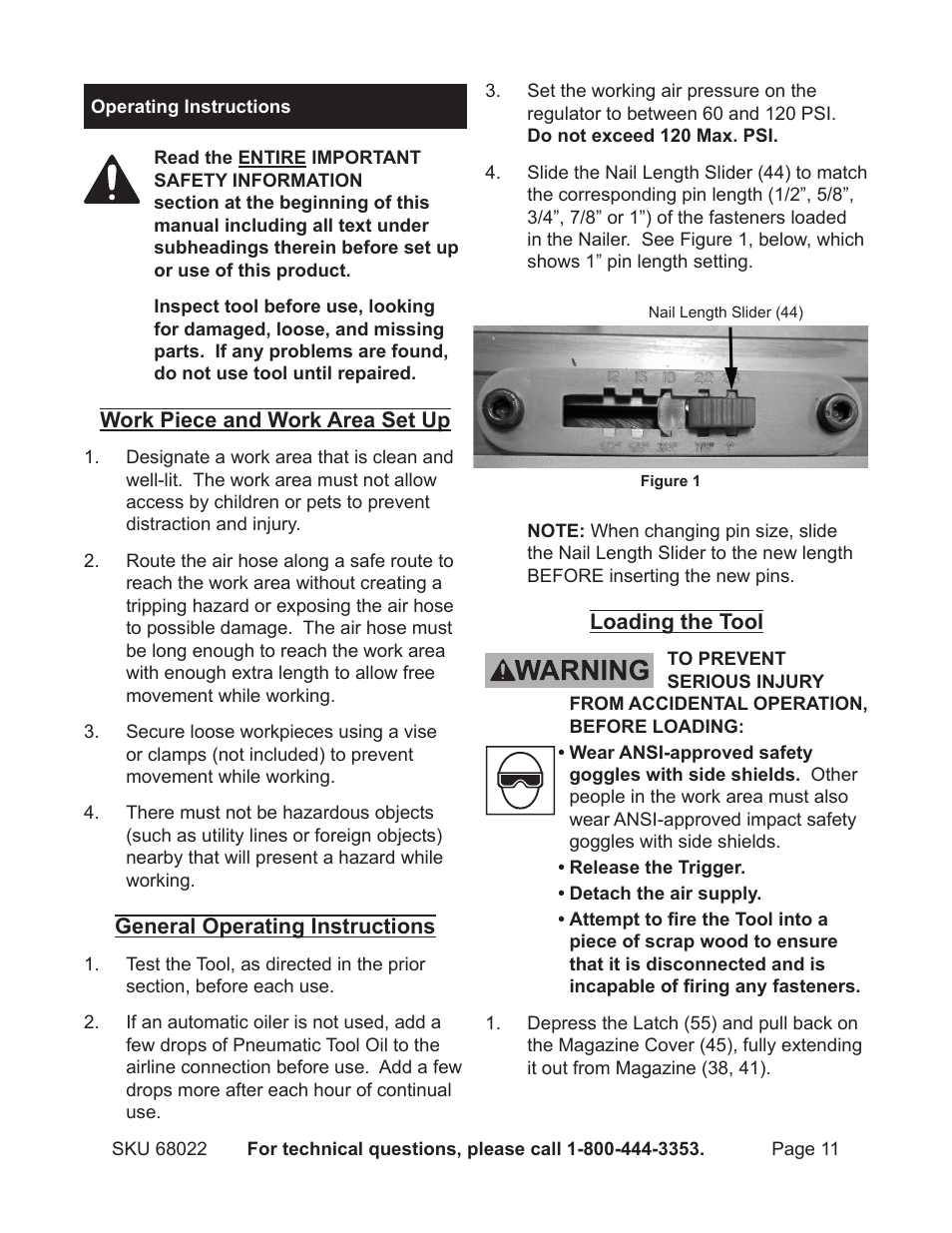 Operating instructions | Astro Pneumatic 23 Gauge Air Pin Nailer 68022 User Manual | Page 11 / 18
