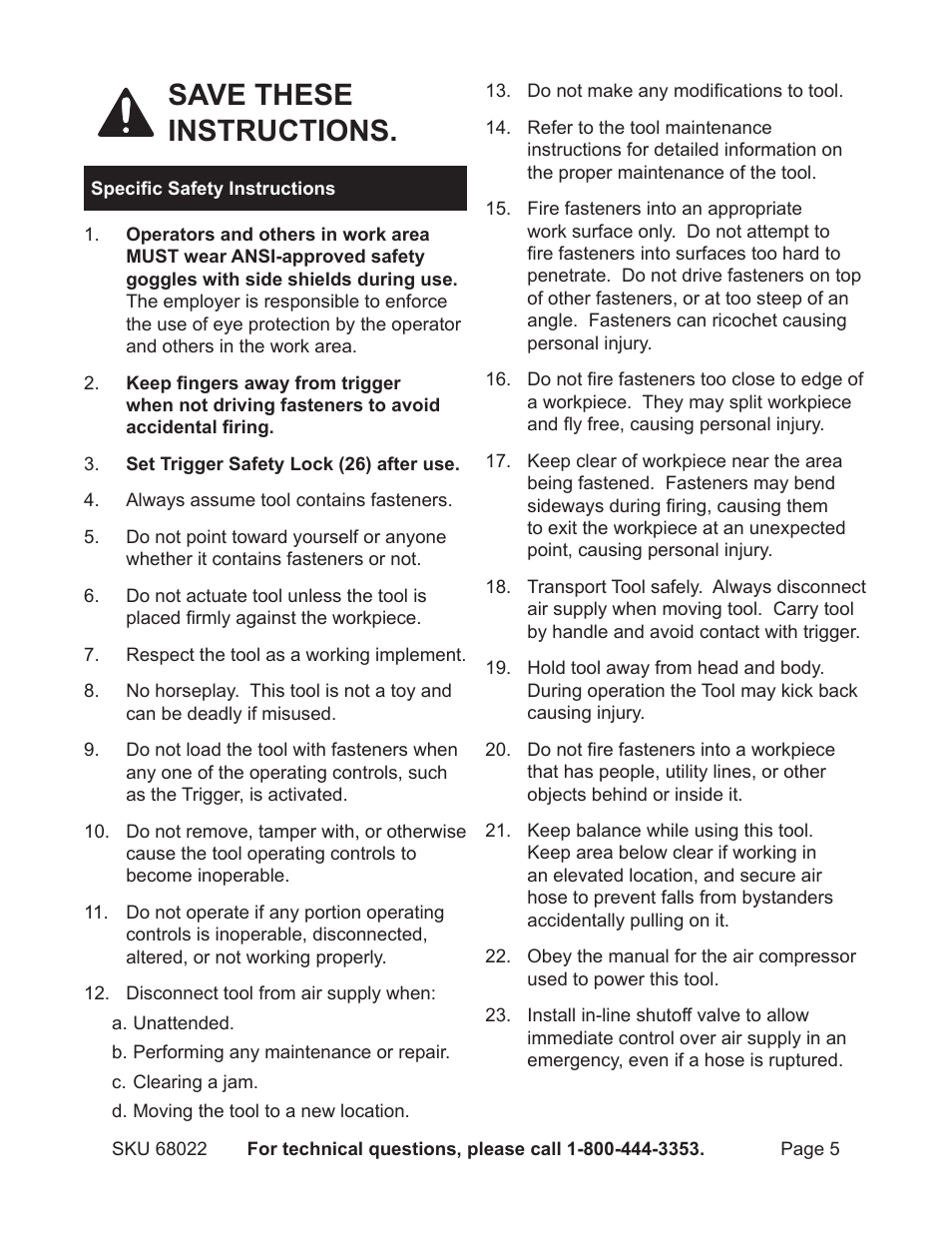 Save these instructions. specific instructions | Astro Pneumatic 23 Gauge Air Pin Nailer 68022 User Manual | Page 5 / 18