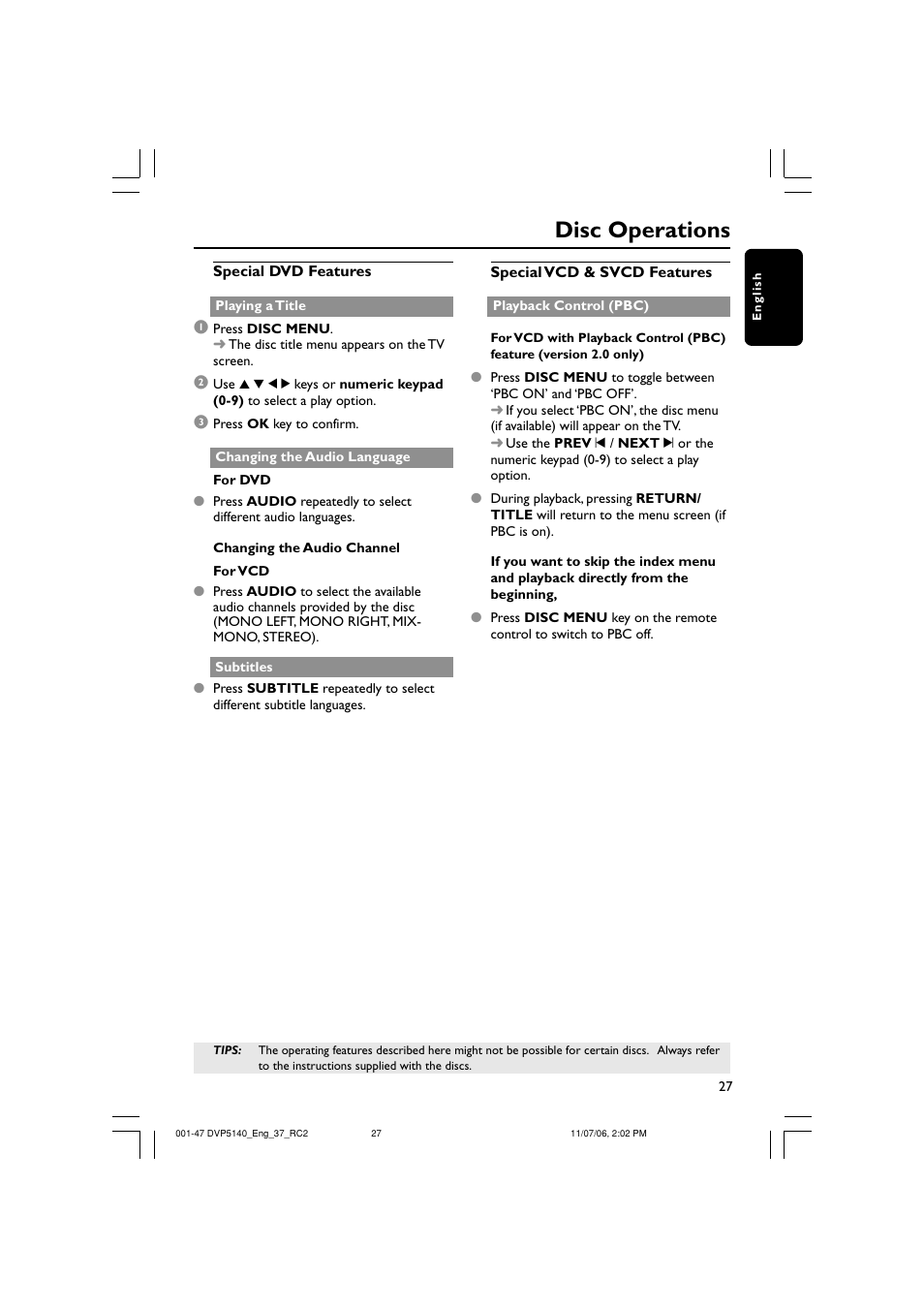 Disc operations | Philips DVP5140-37 User Manual | Page 27 / 47