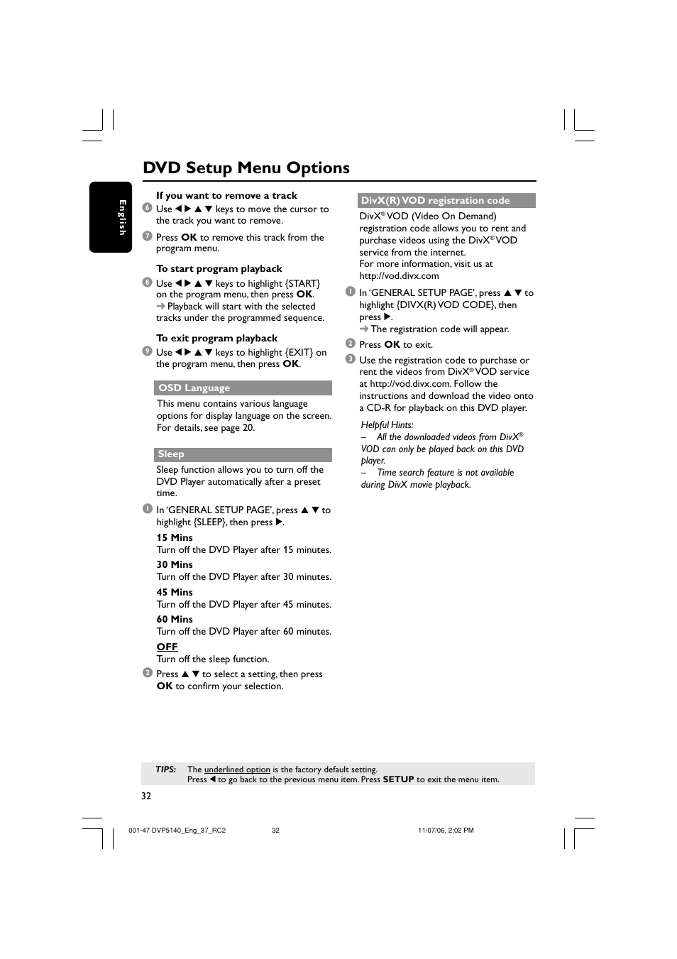 Dvd setup menu options | Philips DVP5140-37 User Manual | Page 32 / 47