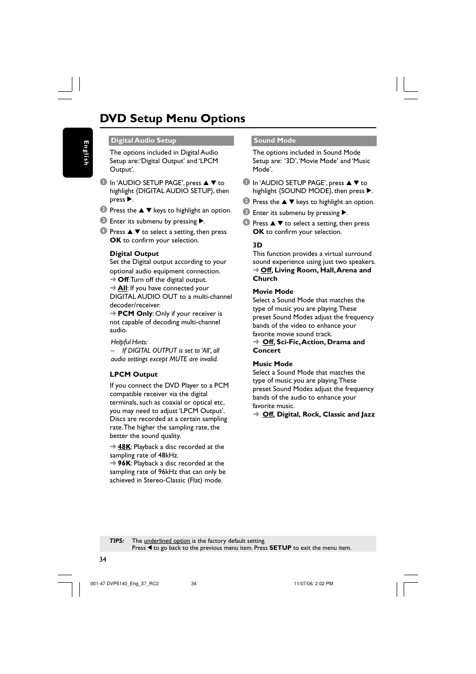 Dvd setup menu options | Philips DVP5140-37 User Manual | Page 34 / 47