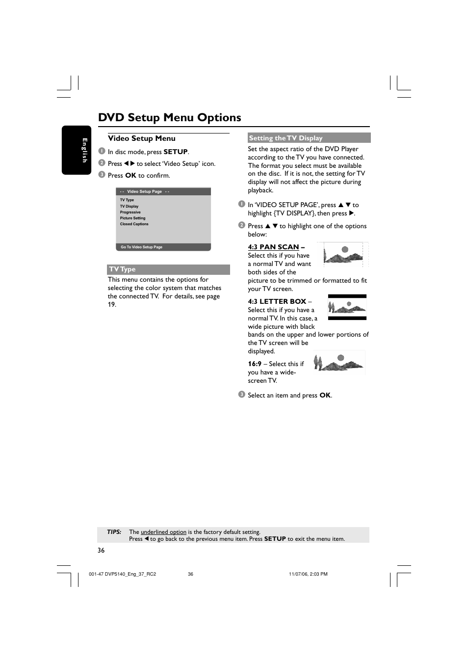 Dvd setup menu options | Philips DVP5140-37 User Manual | Page 36 / 47