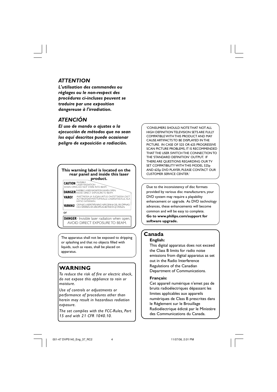 Canada, Warning, Attention | Atención | Philips DVP5140-37 User Manual | Page 4 / 47