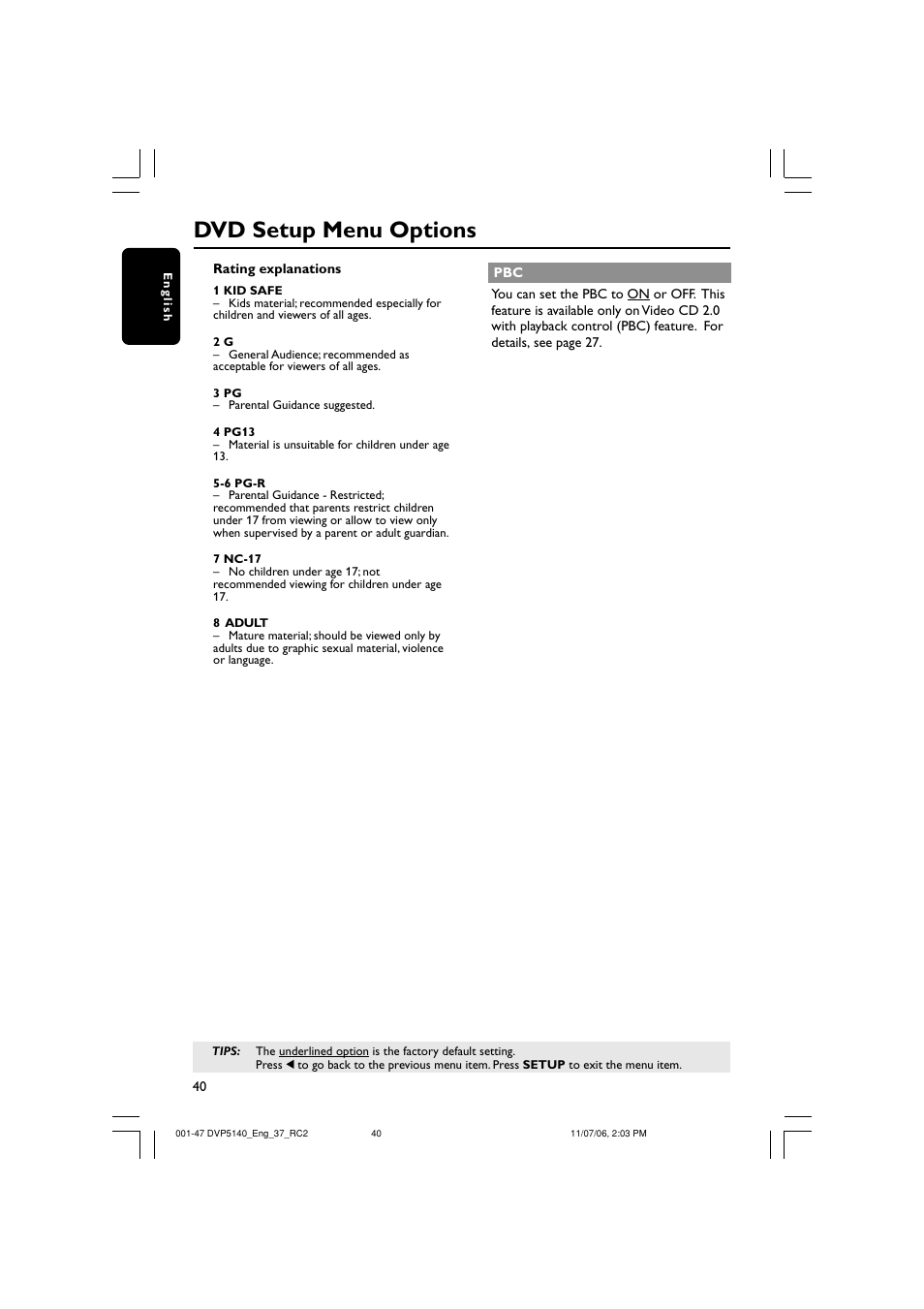 Dvd setup menu options | Philips DVP5140-37 User Manual | Page 40 / 47