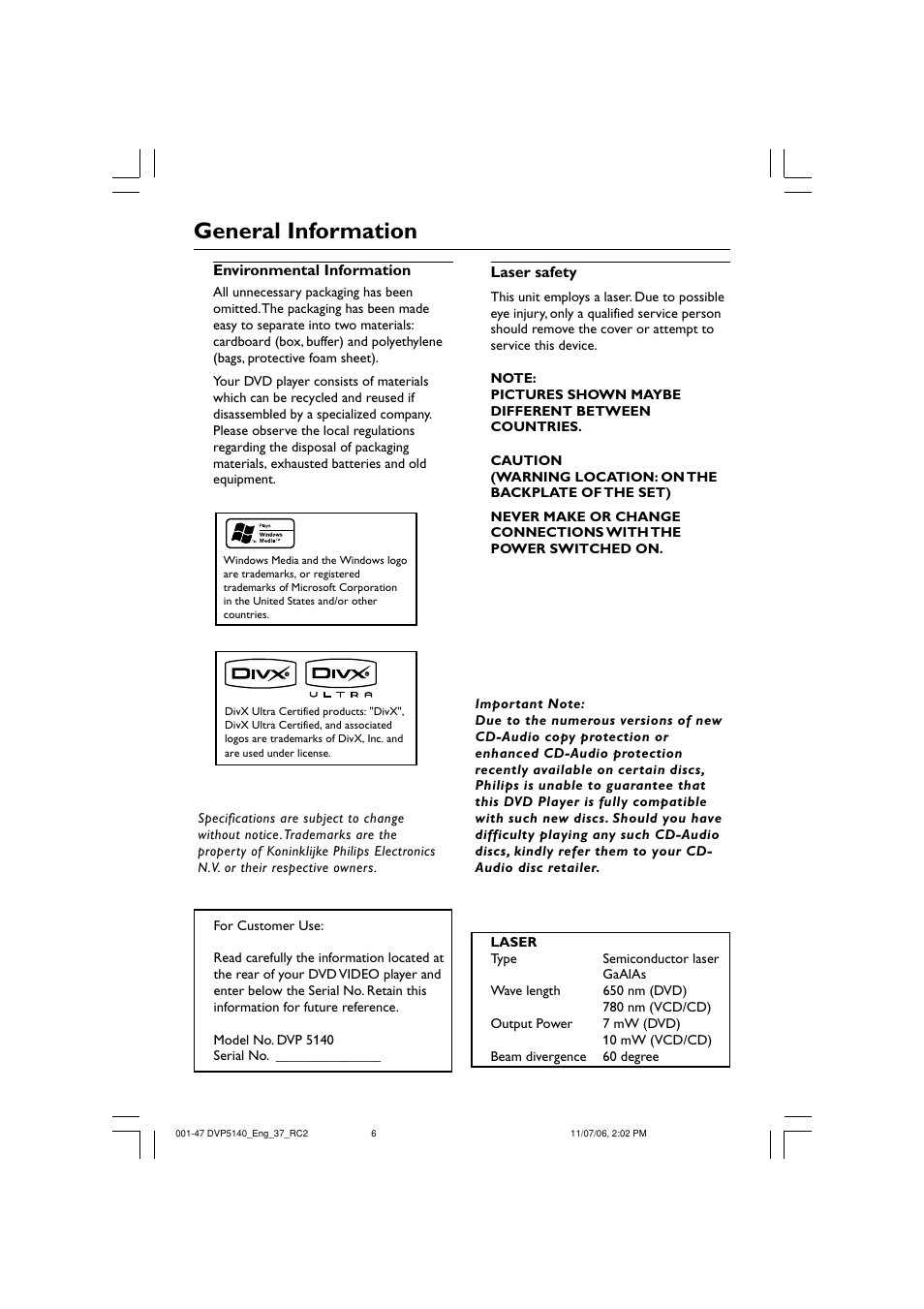 General information | Philips DVP5140-37 User Manual | Page 6 / 47