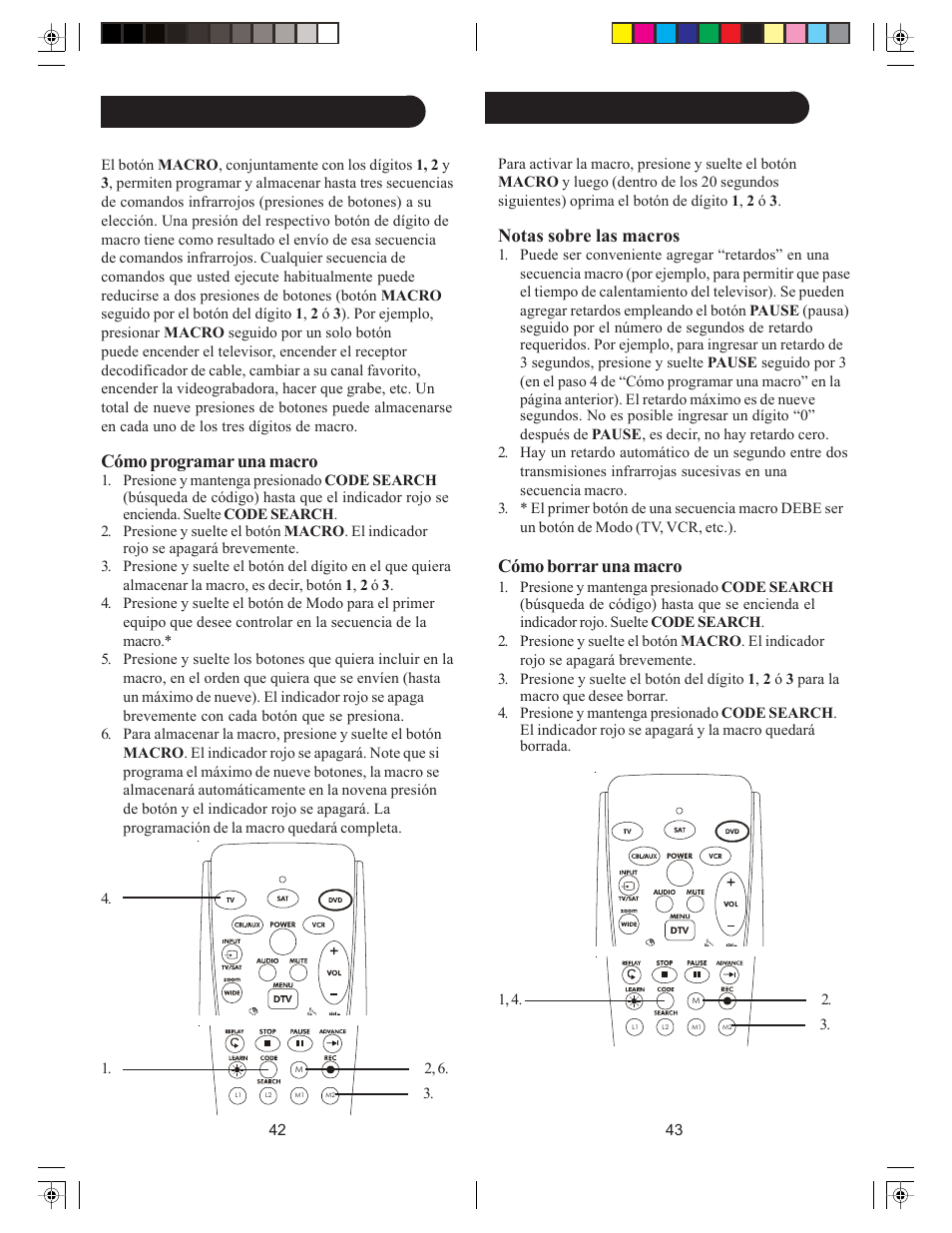 Macros macros, cont, Notas sobre las macros, Cómo borrar una macro | Cómo programar una macro | Philips Remote Control US2-PH5DSS Universal Digital User Manual | Page 22 / 35