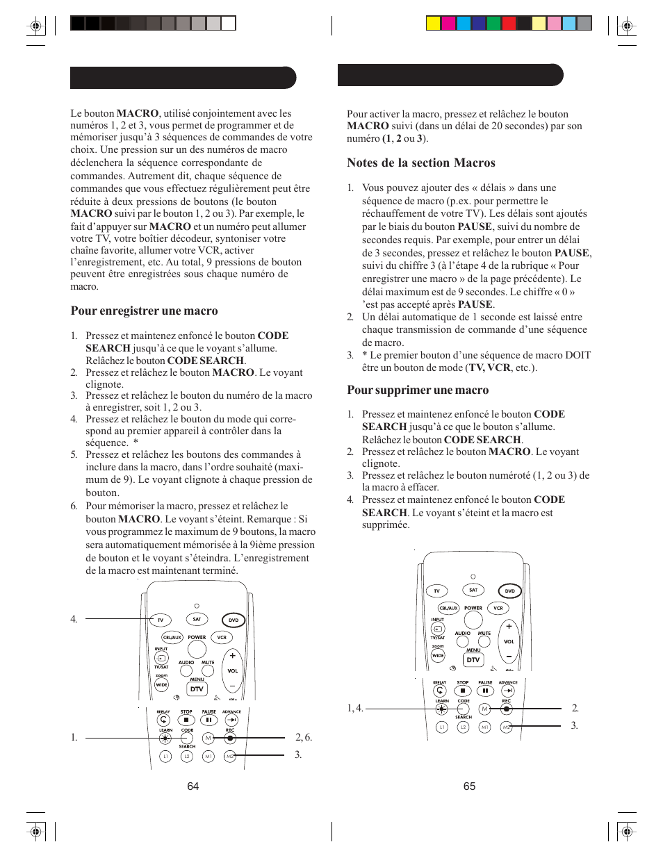 Macros macros, suite, Pour supprimer une macro, Pour enregistrer une macro | Philips Remote Control US2-PH5DSS Universal Digital User Manual | Page 33 / 35