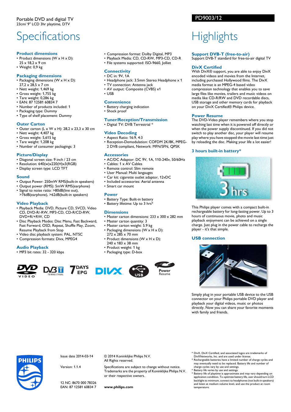 Specifications, Highlights | Philips PD9003-12 User Manual | Page 2 / 2