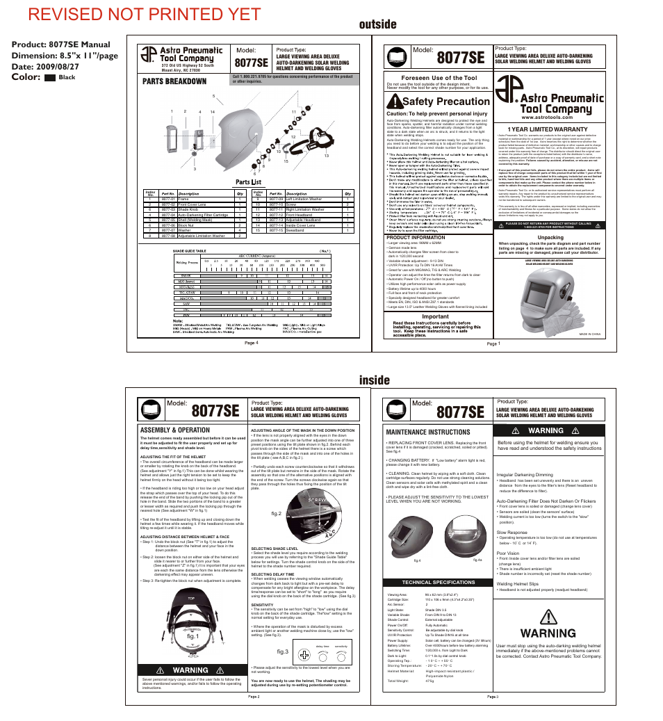 Revised not printed yet, Outside inside, 8077se | Color, Safety precaution | Astro Pneumatic 8077SE User Manual | Page 3 / 4
