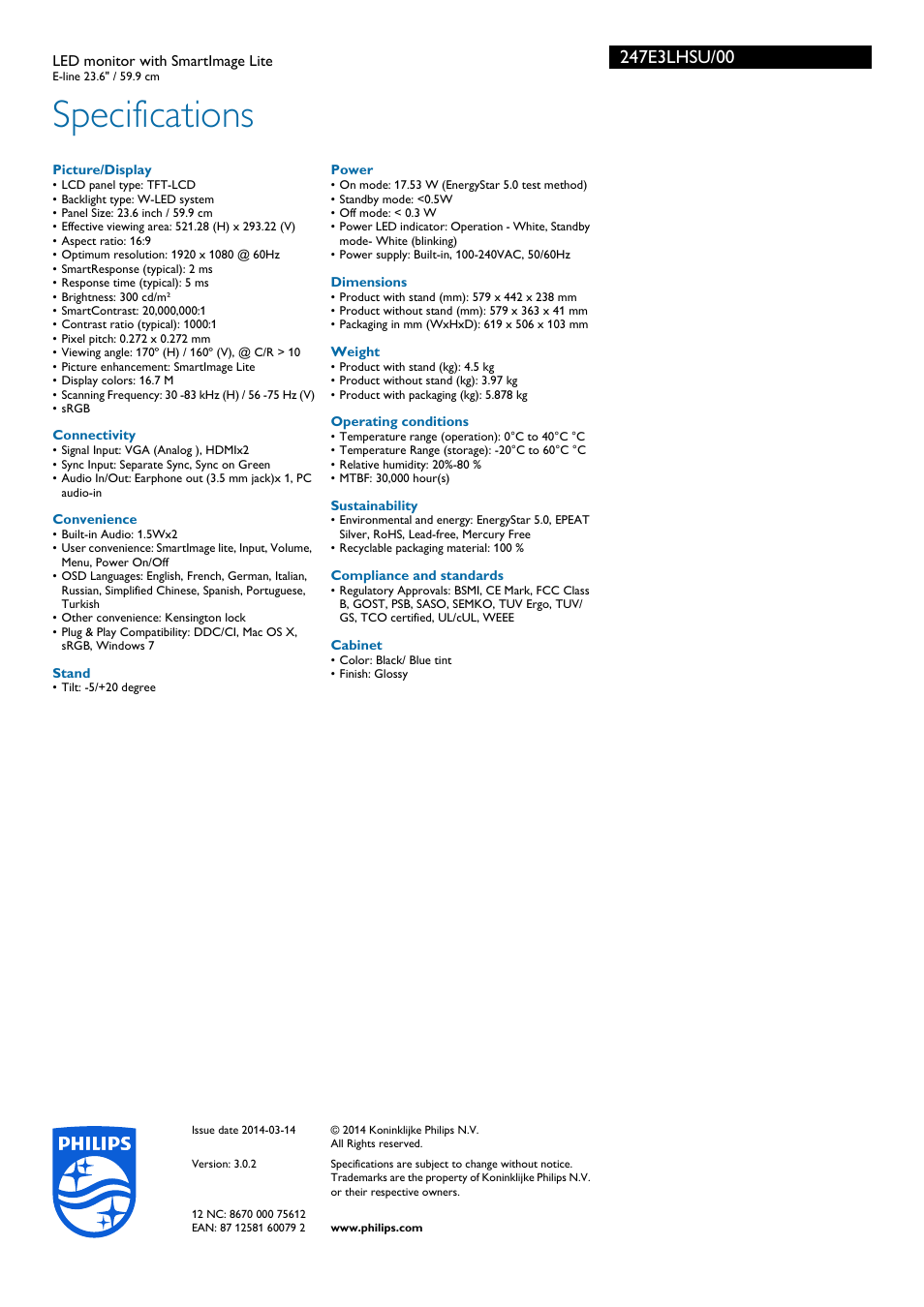 Specifications | Philips 247E3LHSU-00 User Manual | Page 3 / 3