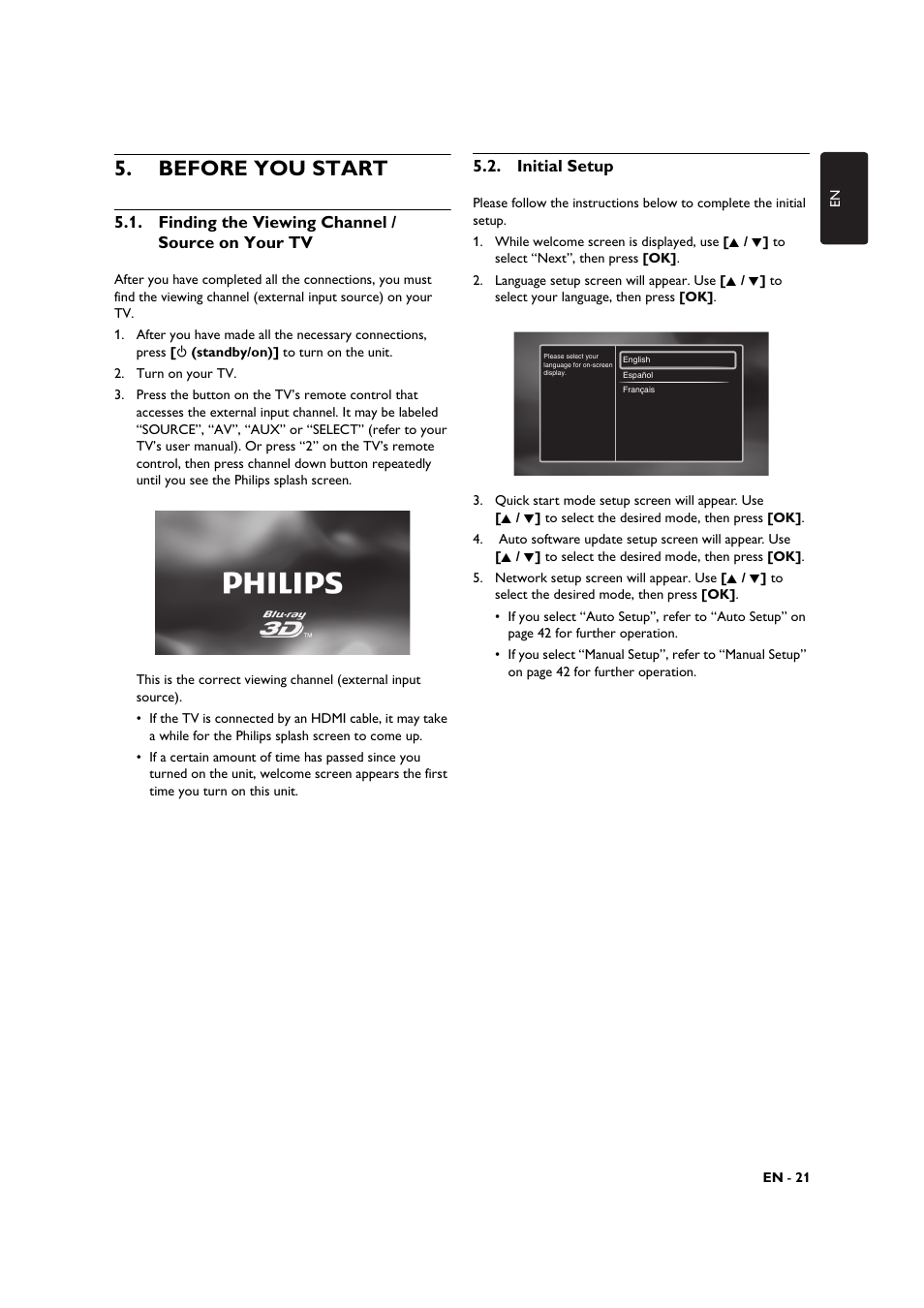 Before you start, Finding the viewing channel / source on your tv, Initial setup | Finding the viewing channel / source on, Your tv | Philips BDP3506-F7 User Manual | Page 21 / 66