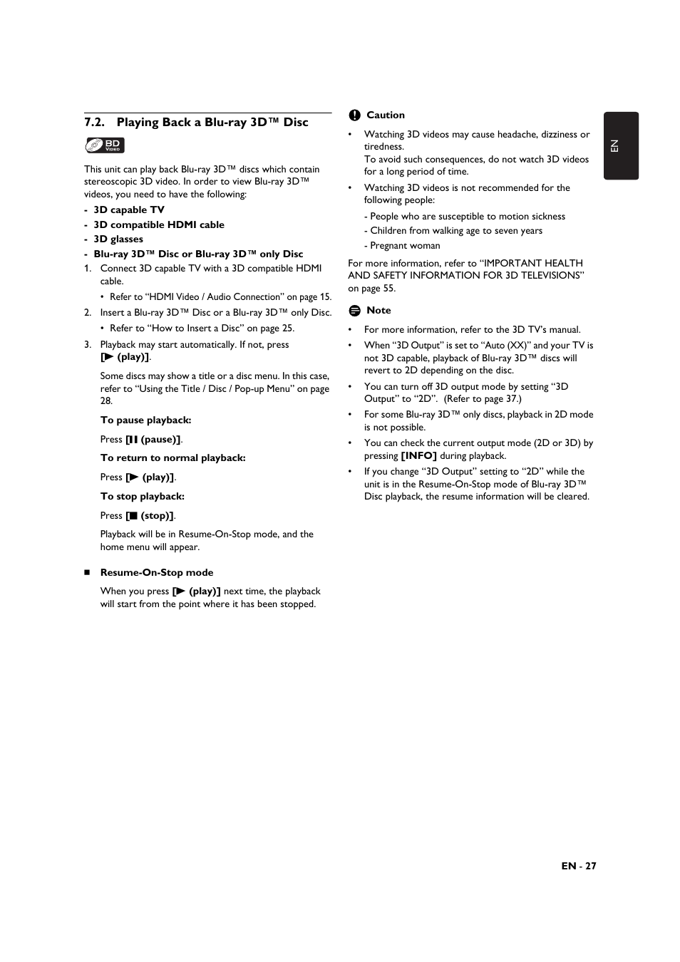 Playing back a blu-ray 3d™ disc | Philips BDP3506-F7 User Manual | Page 27 / 66