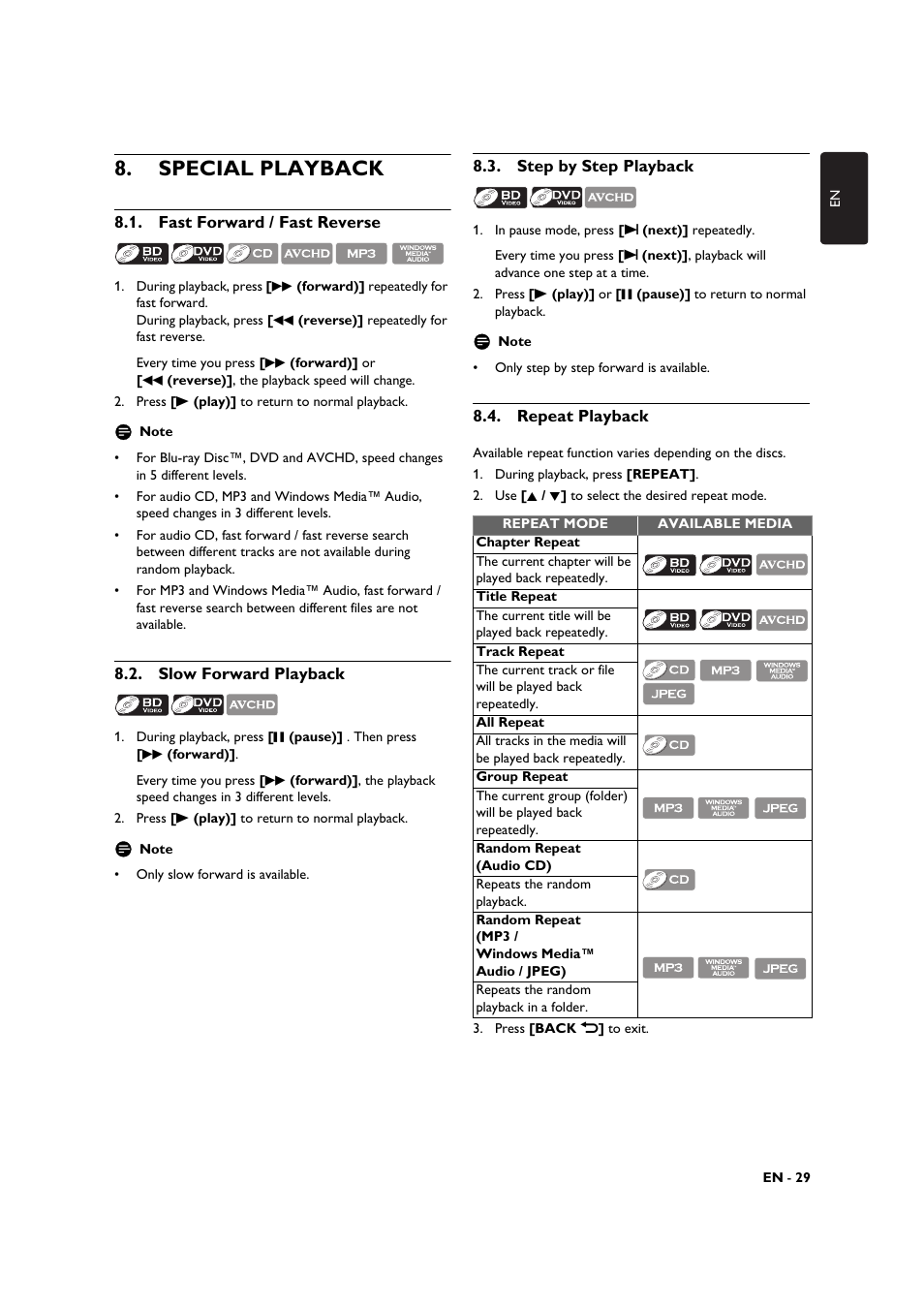 Special playback, Fast forward / fast reverse, Slow forward playback | Step by step playback, Repeat playback | Philips BDP3506-F7 User Manual | Page 29 / 66