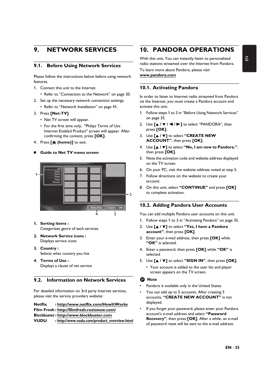 Network services, Before using network services, Information on network services | Pandora operations, Activating pandora, Adding pandora user accounts | Philips BDP3506-F7 User Manual | Page 35 / 66