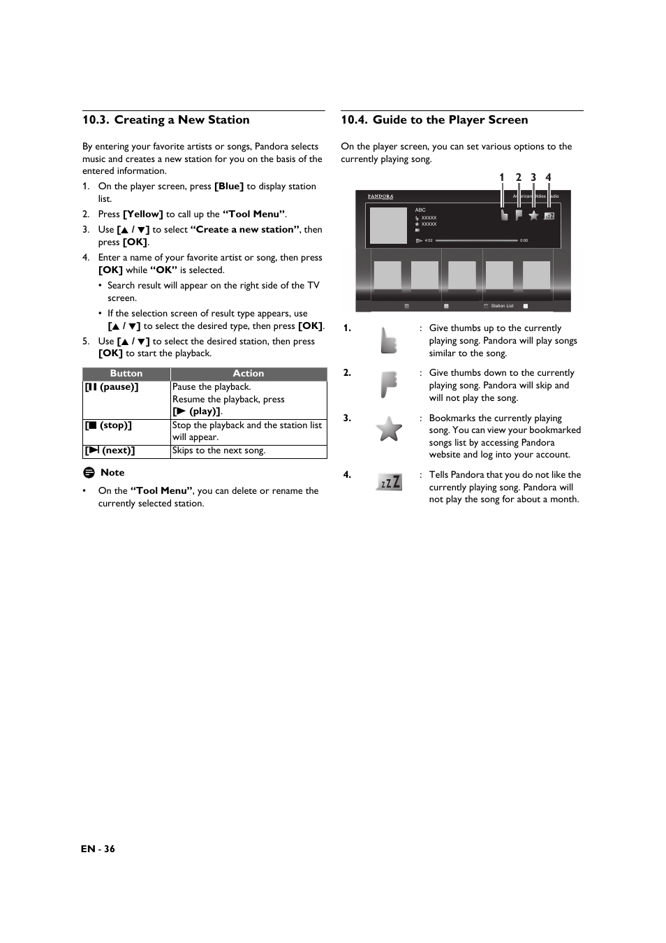 Creating a new station, Guide to the player screen | Philips BDP3506-F7 User Manual | Page 36 / 66