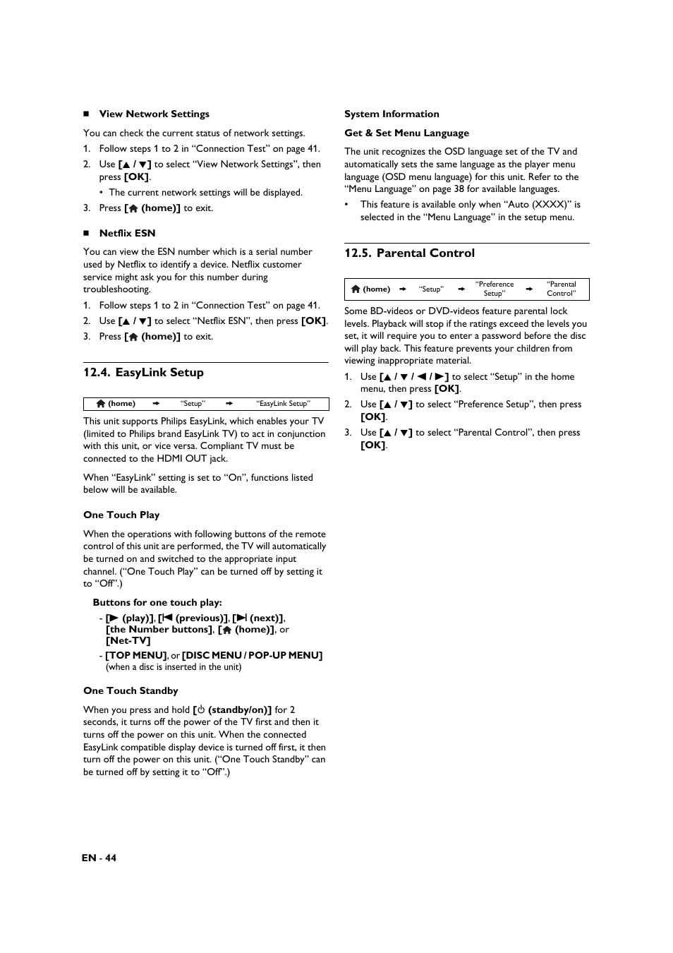 Easylink setup, Parental control, View network settings | Age 44) | Philips BDP3506-F7 User Manual | Page 44 / 66