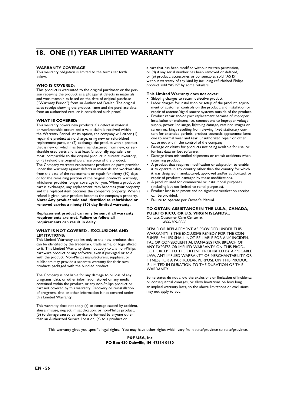 One (1) year limited warranty | Philips BDP3506-F7 User Manual | Page 56 / 66