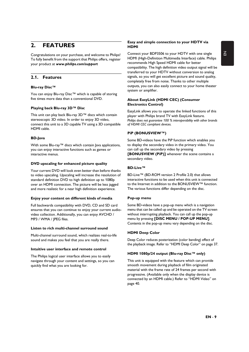 Features | Philips BDP3506-F7 User Manual | Page 9 / 66