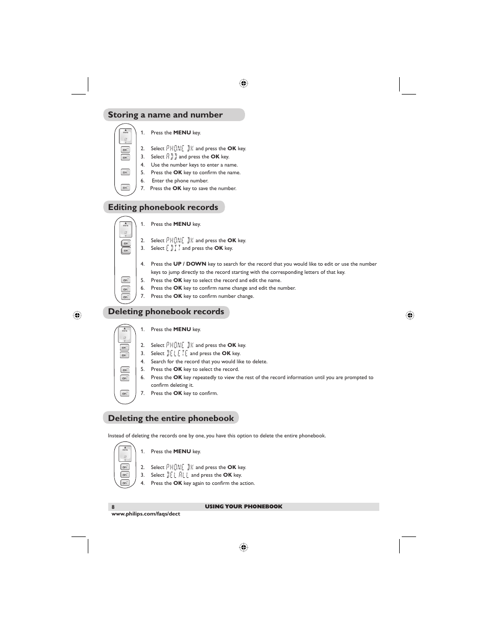 Storing a name and number, Editing phonebook records, Deleting phonebook records | Deleting the entire phonebook | Philips DECT2250G-37 User Manual | Page 10 / 57