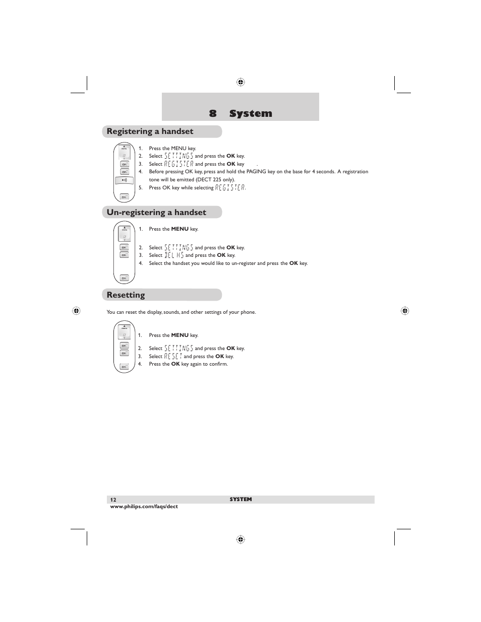 8 system, Resetting, Registering a handset | Un-registering a handset | Philips DECT2250G-37 User Manual | Page 14 / 57