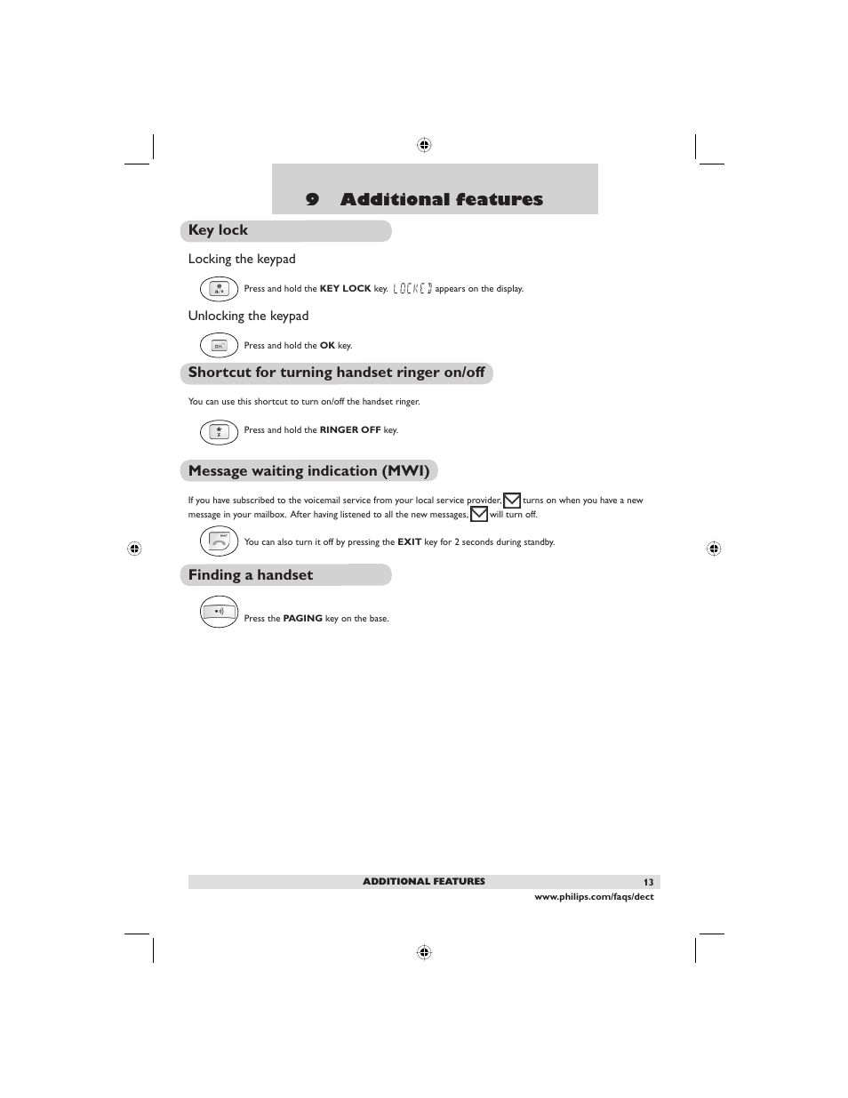 9 additional features, Key lock, Shortcut for turning handset ringer on/off | Message waiting indication (mwi), Finding a handset | Philips DECT2250G-37 User Manual | Page 15 / 57