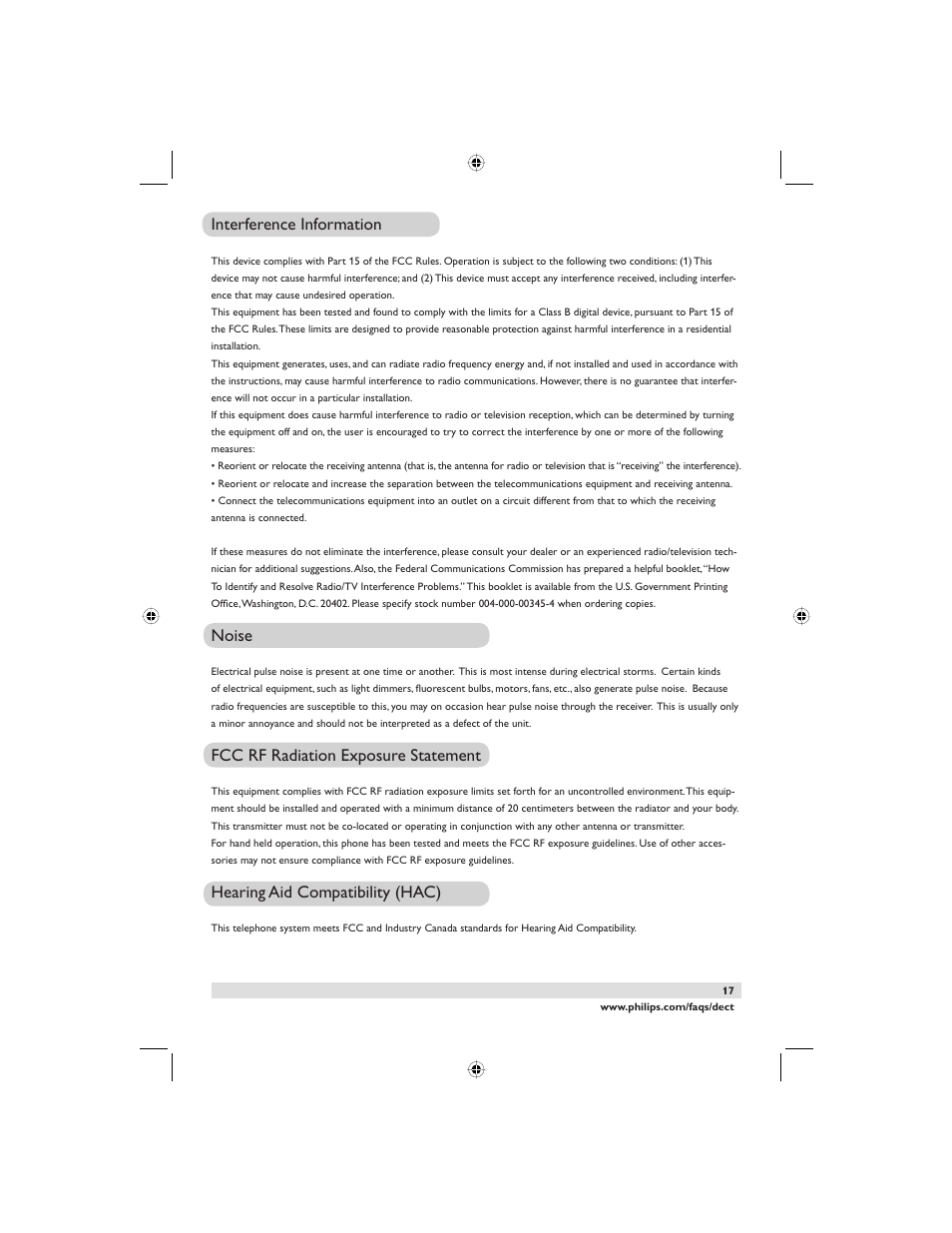 Interference information, Noise, Fcc rf radiation exposure statement | Hearing aid compatibility (hac) | Philips DECT2250G-37 User Manual | Page 19 / 57