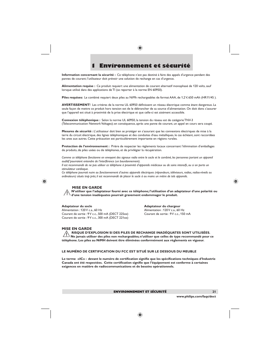 1 environnement et sécurité | Philips DECT2250G-37 User Manual | Page 23 / 57