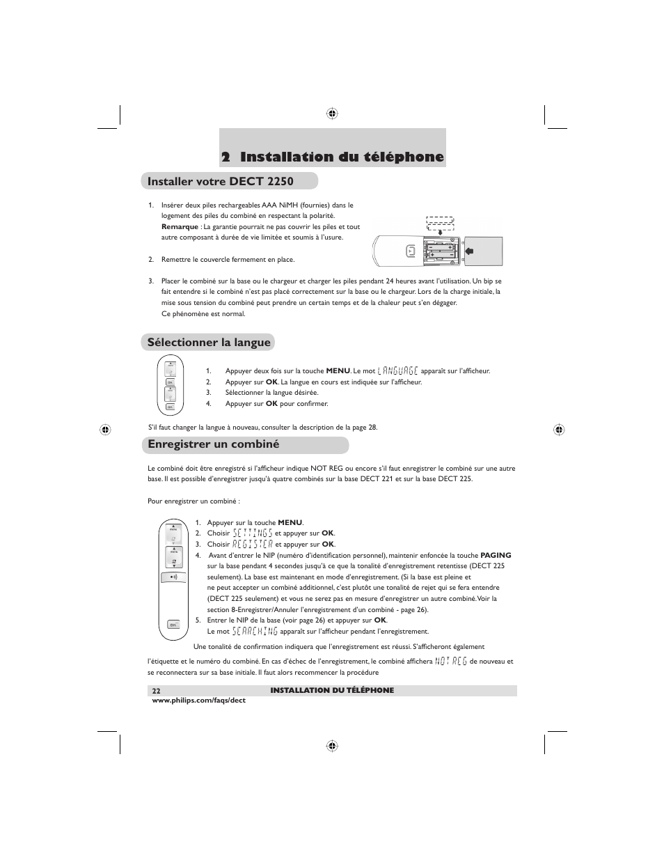 2 installation du téléphone, Installer votre dect 2250, Sélectionner la langue | Enregistrer un combiné | Philips DECT2250G-37 User Manual | Page 24 / 57