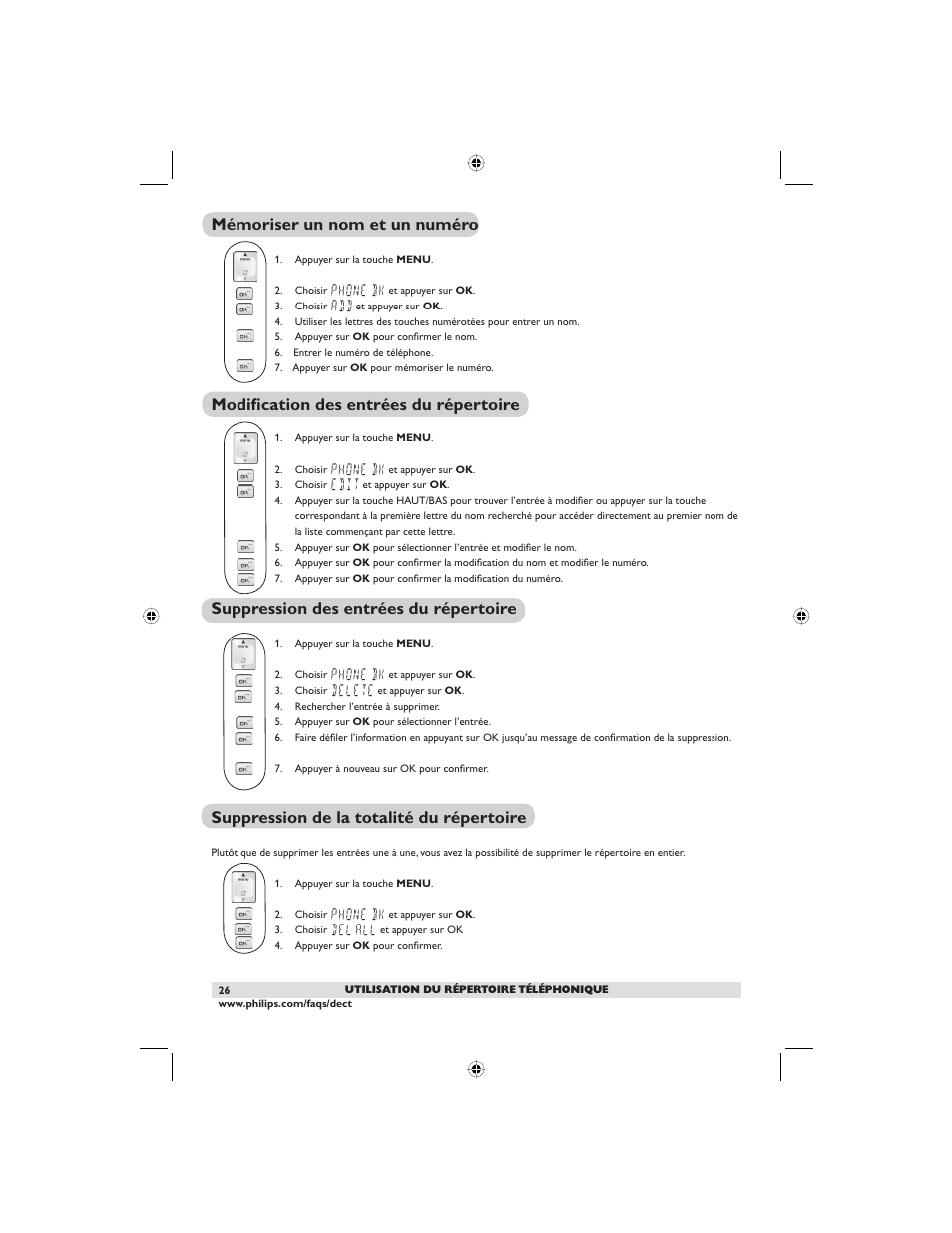 Mémoriser un nom et un numéro, Modifi cation des entrées du répertoire, Suppression des entrées du répertoire | Suppression de la totalité du répertoire | Philips DECT2250G-37 User Manual | Page 28 / 57