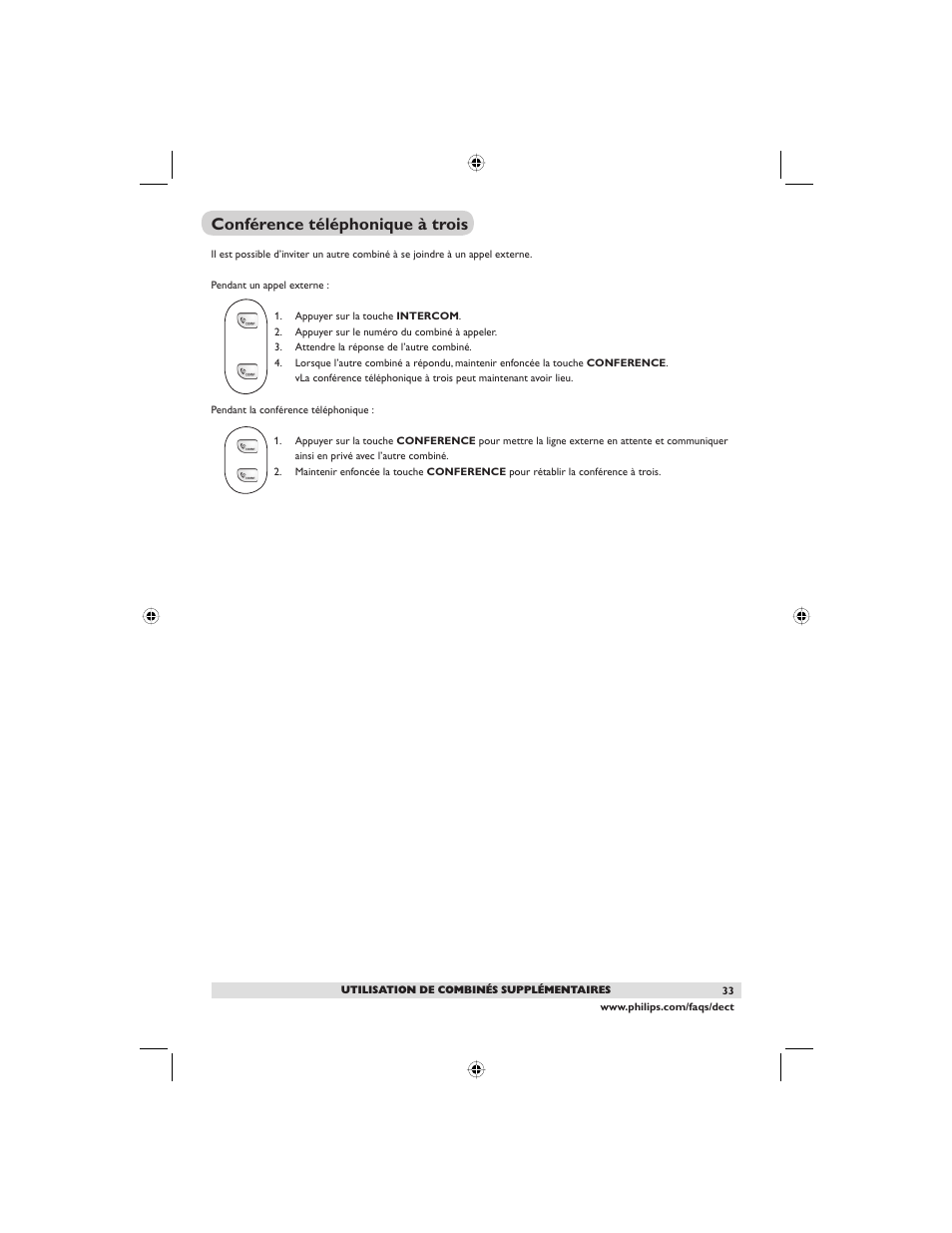 Conférence téléphonique à trois | Philips DECT2250G-37 User Manual | Page 35 / 57