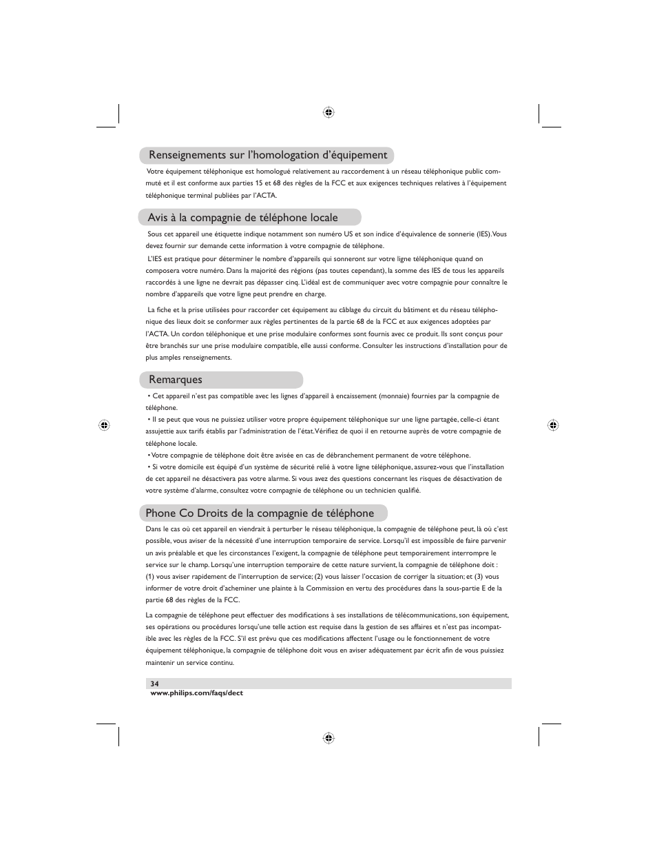 Renseignements sur l’homologation d’équipement, Avis à la compagnie de téléphone locale, Remarques | Phone co droits de la compagnie de téléphone | Philips DECT2250G-37 User Manual | Page 36 / 57