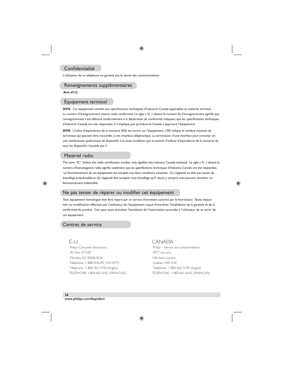 Confi dentialité, Renseignements supplémentaires, Équipement terminal | Matériel radio, Centres de service é.-u, Canada | Philips DECT2250G-37 User Manual | Page 38 / 57